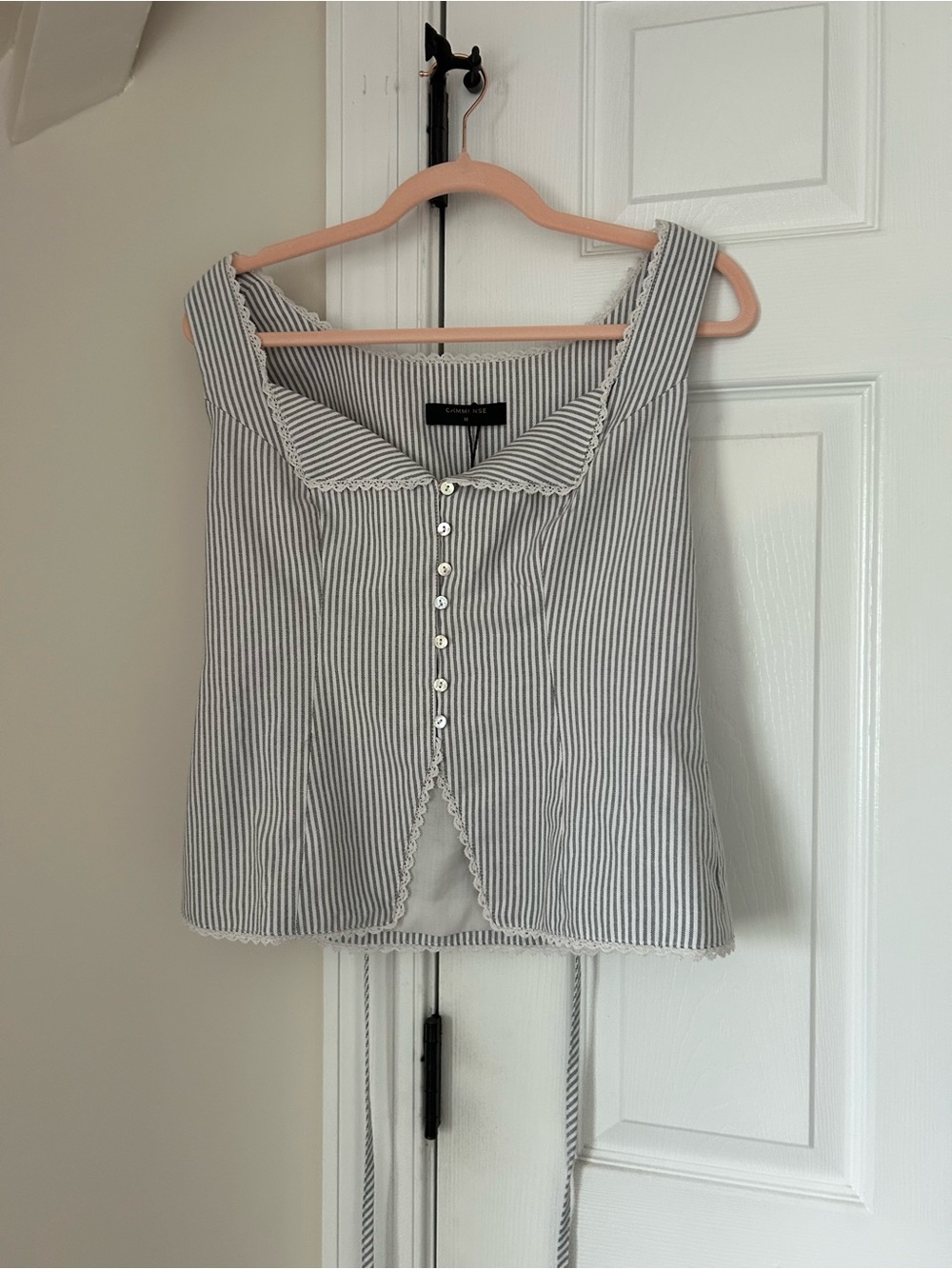COMMENSE Pinstripe Lace Trim Tie Back Top M